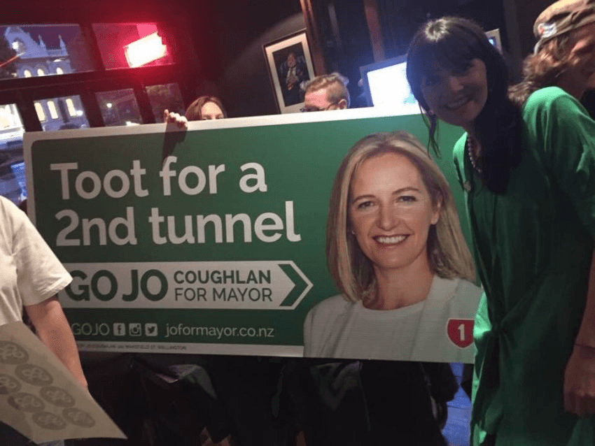 Jo Coughlan supporters hold a sign with Jo Coughlan on it at Backbenches. Photo: another Twitter one