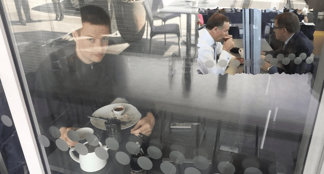 Teapot Tapes redux: Simon Denny at the Urban Cafe. Photograph: Toby Manhire