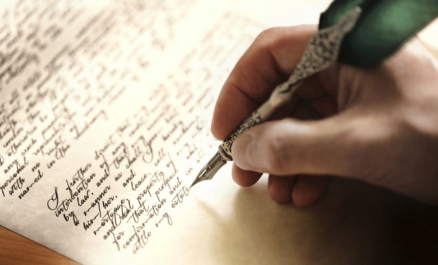 Writing with quill pen