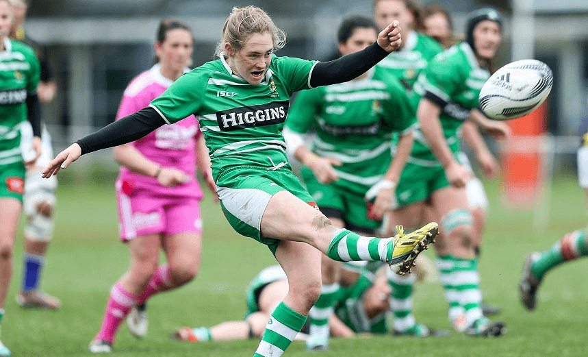 KRYSTEN DUFFILL KICKS THE SOUL OUT OF A RUGBY BALL. PHOTO: GETTY