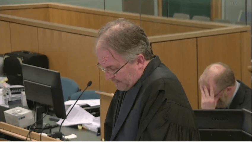 Mr Bioletti addresses the court while Mr Mansfield uses his hand as a head-tripod