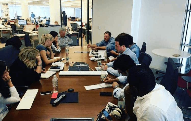The World Press Institute media fellows meet with Politico editor-in-chief John Harris and executive editor Peter Canellos.
