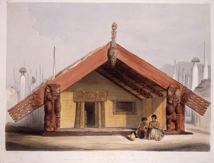 Rangihaeata’s Celebrated House on the Island of Mana Called ‘Kaitangata’ (Eat Man) 1844, by George French Angas. Reproduced courtesy of Te Rünanga o Toa Rangatira Inc. 