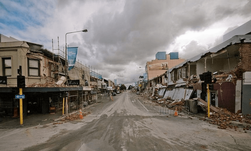 Rubble and damaged buildings lining a deserted Colombo Street in Christchurch on February 23, 2011.  (Photo: Logan McMillan/AFP/Getty Images) 
