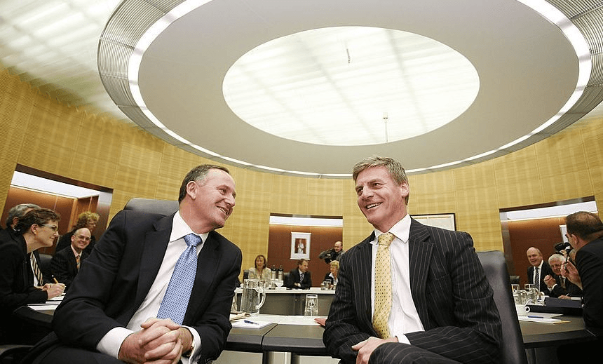 WELLINGTON, NEW ZEALAND – NOVEMBER 28:  Prime Minister John Key (L) and Finance Minister Bill English enjoy a laugh during a cabinet meeting at the Beehive Theatrette on November 28, 2011 in Wellington, New Zealand. John Key won a second term as Prime Minister this weekend, with his National Party securing 60 of the 121 available seats in parliament. The Labour party lost 9 seats bringing it’s total to 34, with the Green party at 13, NZ First 8, Maori Party 3 and the ACT, UnitedFuture and Mana parties all securing 1 seat.  (Photo by Hagen Hopkins/Getty Images) 
