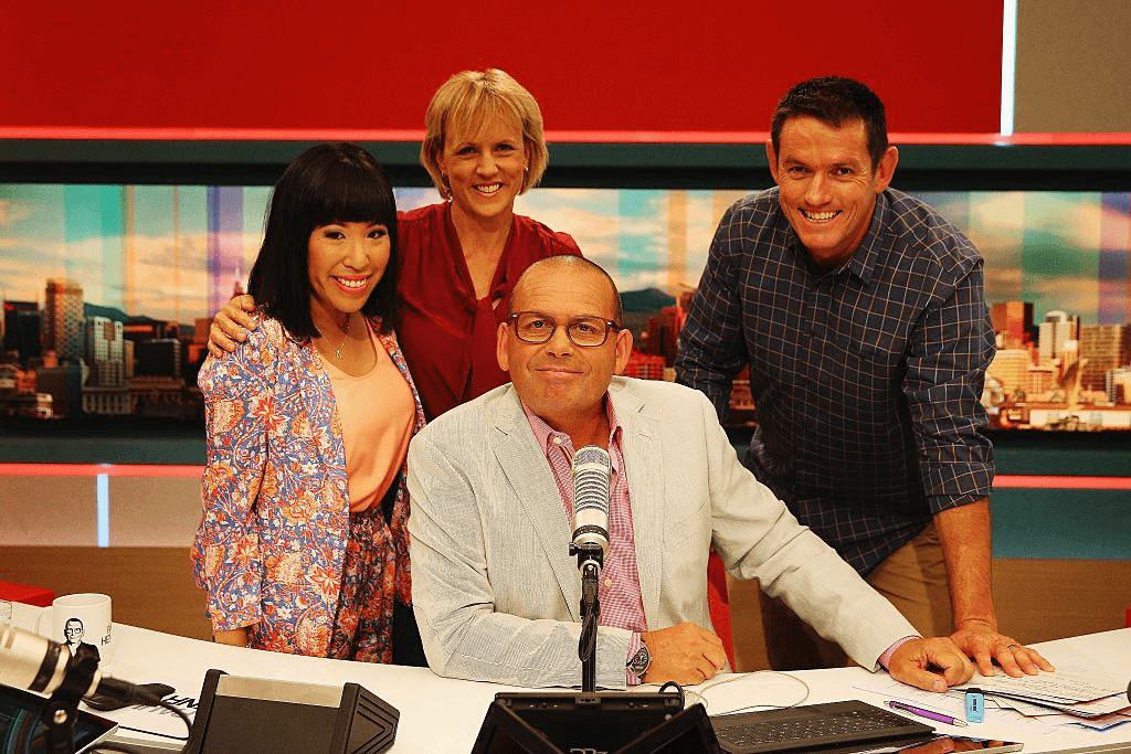 AUCKLAND, NEW ZEALAND - APRIL 07: Social media presenter Perlina Lau, news presenter Hilary Barry, sports presenter Jim Kayes and Paul Henry pose for a photo after MediaWorks new morning show Paul Henry on April 7, 2015 in Auckland, New Zealand. (Photo by Hannah Peters/Getty Images the Paul Henry Show)