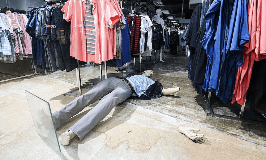 WELLINGTON, NEW ZEALAND – NOVEMBER 14:  A mannequin in Farmers department store lies on the ground after an earthquake on November 14, 2016 in Wellington, New Zealand. The 7.5 magnitude earthquake struck 20km south-east of Hanmer Springs at 12.02am and triggered tsunami warnings for many coastal areas.  (Photo by Hagen Hopkins/Getty Images) 

