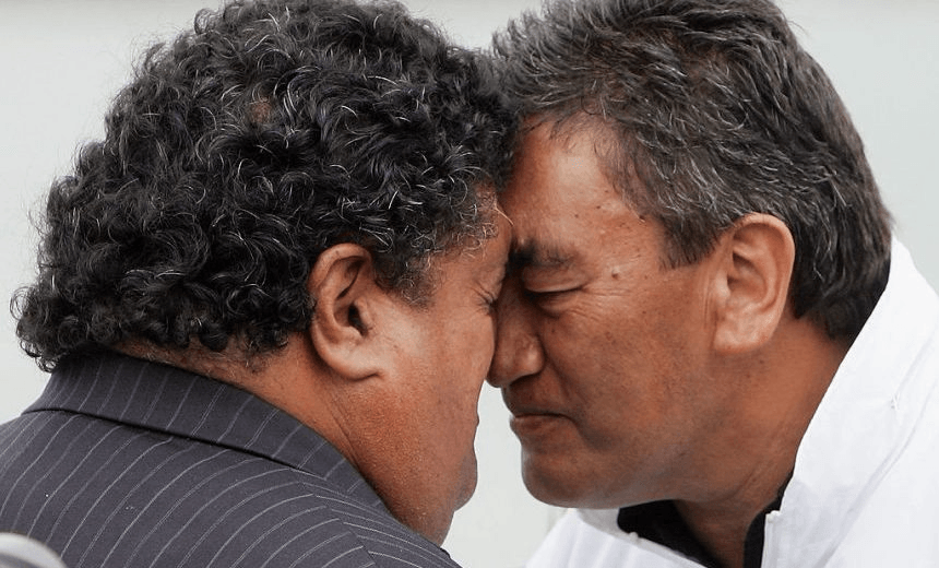 Hone Harawira performs the hongi with Parekura Horomia Waitangi Day 2007. (Photo: Phil Walter/Getty Images)