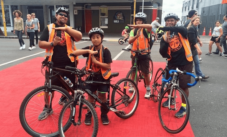 Teau Aiturau (L) and Ropata Welwyn (R) and a couple of the Mangere BikeFit kids who biked all the way from Mangere to town for the K Road Open Streets day in May 2016. Photo: Bike Auckland 
