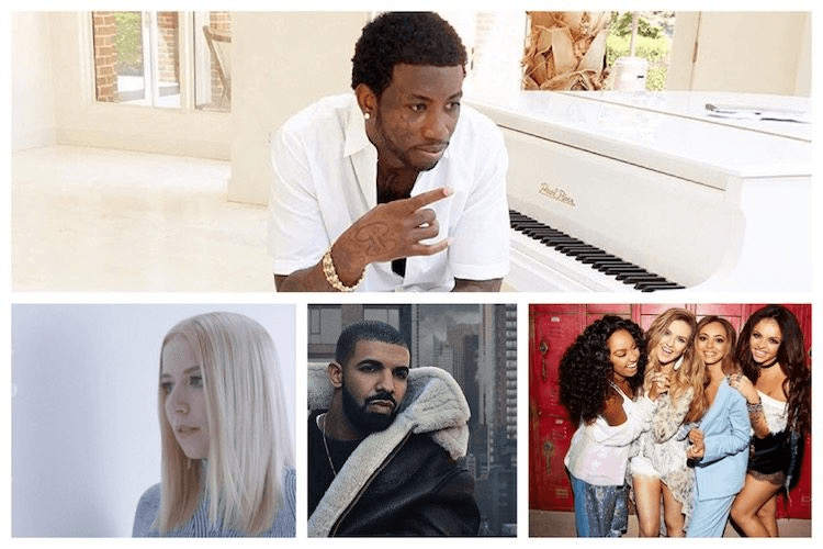Clockwise from top: Gucci Mane, Little Mix, Drake, Austra