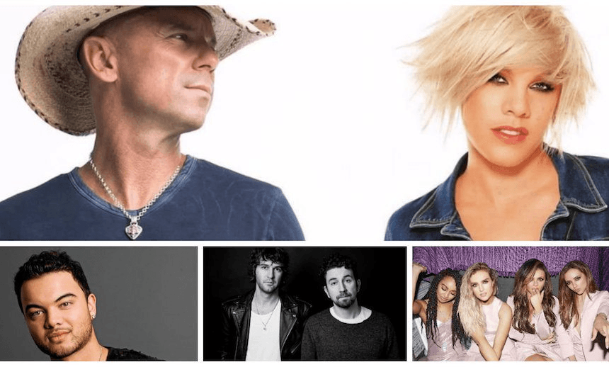 Clockwise from top: Kenny Chesney and Pink, Little Mix, Japandroids, Guy Sebastian 
