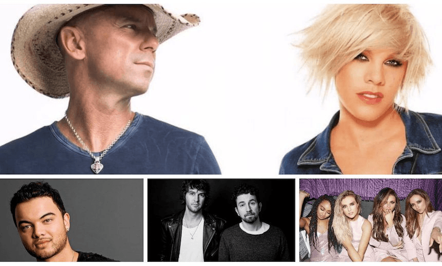 Clockwise from top: Kenny Chesney and Pink, Little Mix, Japandroids, Guy Sebastian