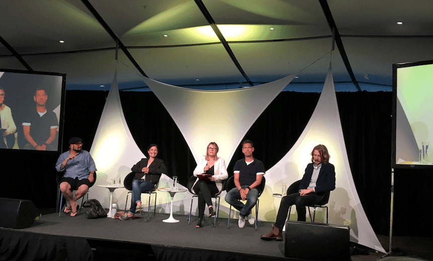 The LATE at Auckland Museum panel: (left to right) Chip Matthews, Anna Coddington, Charlotte Ryan (host), Scott Maclachlan, James Milne 
