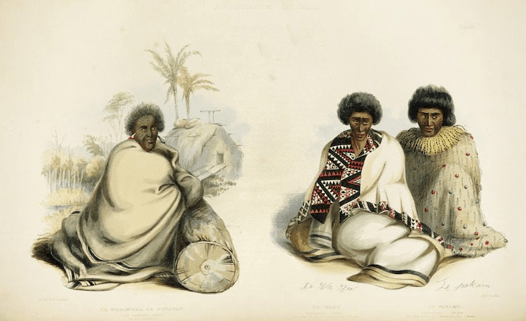 Potatau Te Wherowhero (left) of Ngāti Mahuta was one of the most powerful rangatira in the land by 1840. Descended from the captains of the Tainui and Te Arawa waka, his lineage and authority later made him an obvious choice as Māori King. (Alexander Turnbull Library, PUBL-0014-44, lithograph from watercolour by George French Angas (detail))