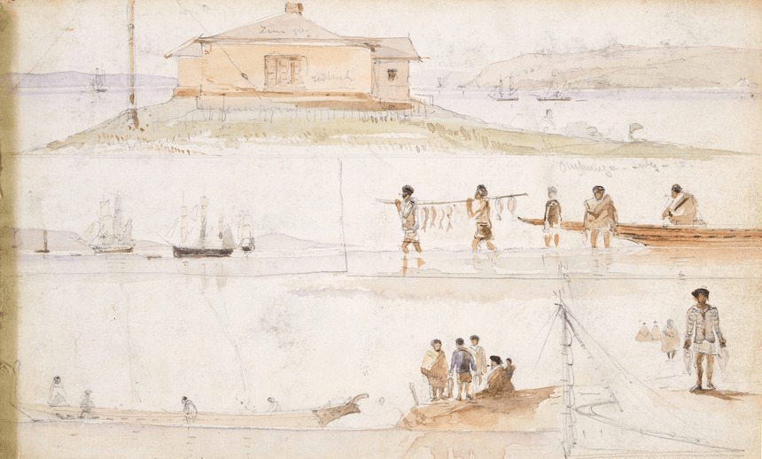 Through their bases at Onehunga, Māngere and elsewhere, the Waikato iwi had ready access to the Auckland market for their produce in the pre-Waikato War period. These sketches depict trading activities at Onehunga. 
Reference: Alexander Turnbull Library, B-045-001, watercolour by Edward Arthur Williams 
