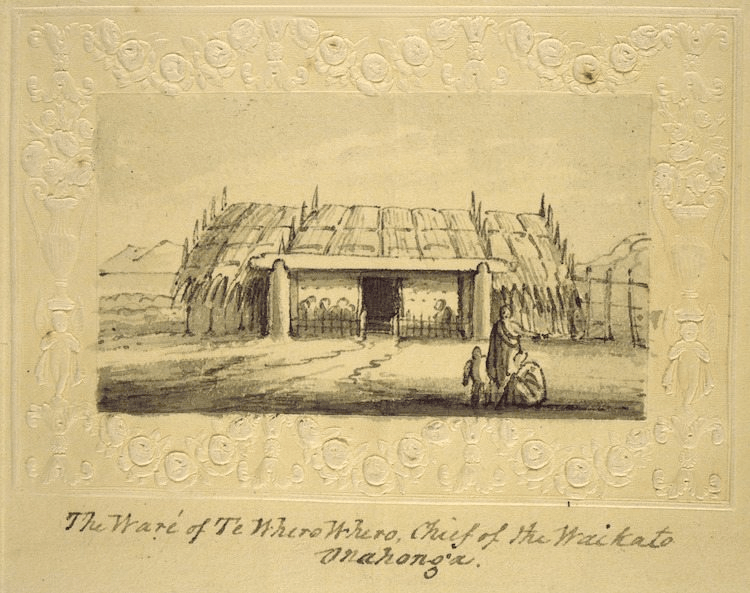 Among Te Wherowhero’s many residences across the Auckland region was this Onehunga whare, sketched by Colonial Surgeon John Johnson in 1843. (Alexander Turnbull Library, E-216-f-174-1, drawing by John Johnson)