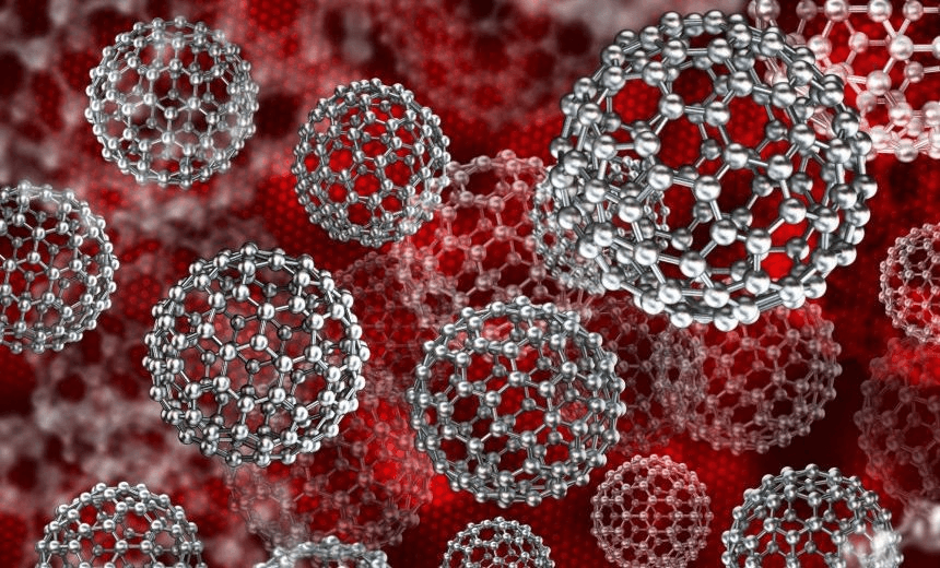 Abstract nanotechnology background with 3D silver molecule models. On red background.