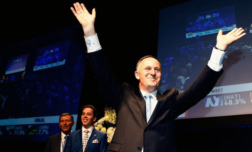 Newly elected Prime Minister John Key arrives on stage to deliver his victory speech after his re-election as PM, September 20 2014. Photo: Phil Walter / Getty