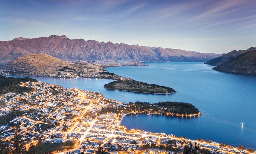 Iconic Queenstown cityscape at dusk, New Zealand