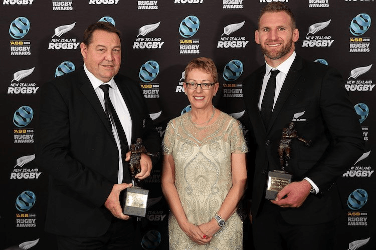 AUCKLAND, NEW ZEALAND - DECEMBER 15: All Blacks Adidas Team of the Year with coach Steve Hansen (L) ASB CEO Barbara Chapman (C) and captain Kieran Read (R) at the ASB Rugby Awards at SkyCity Convention Centre on December 15, 2016 in Auckland, New Zealand. (Photo by Fiona Goodall/Getty Images)