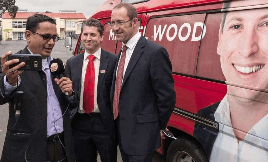 Michael Wood and Andrew Little talk to a reporter for Auckland Indian radio station 
