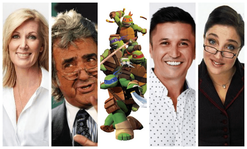 (L-R): Rachel Smalley, David Dickinson, the Ninja Turtles, Mike Puru, Supernanny Jo Frost