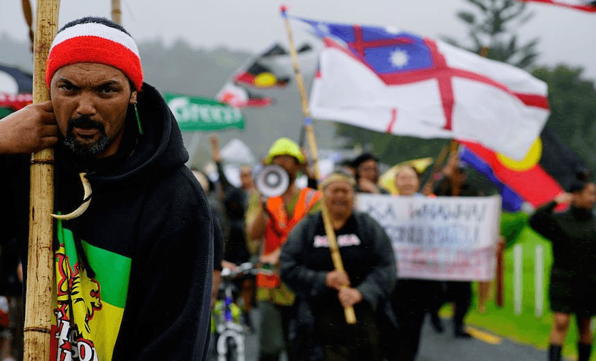 Protestors approach Waitangi Marae on February 5, 2016. (Photo by Cam McLaren/Getty Images)