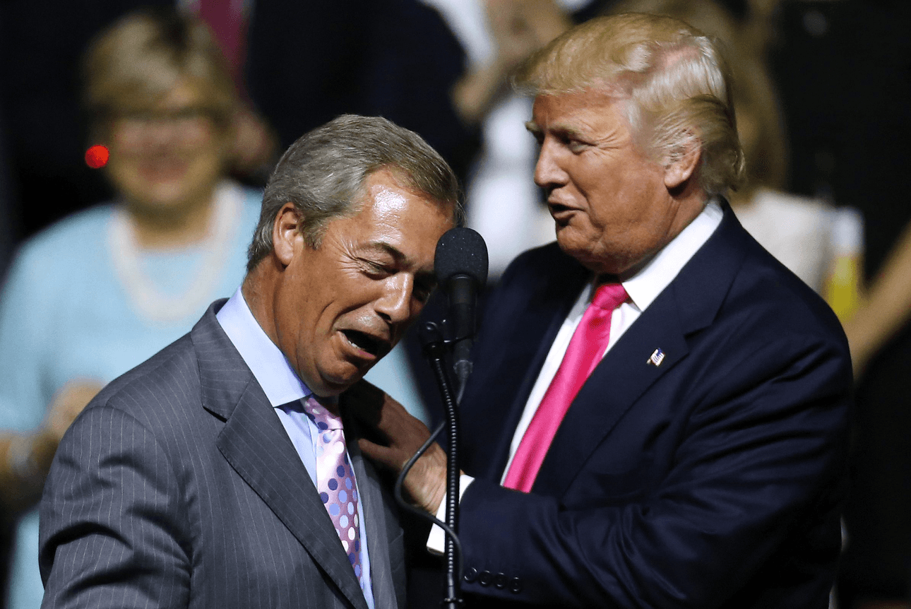 JACKSON, MS - AUGUST 24: Republican Presidential nominee Donald Trump, right, greets United Kingdom Independence Party leader Nigel Farage during a campaign rally at the Mississippi Coliseum on August 24, 2016 in Jackson, Mississippi. Thousands attended to listen to Trump's address in the traditionally conservative state of Mississippi. (Photo by Jonathan Bachman/Getty Images)