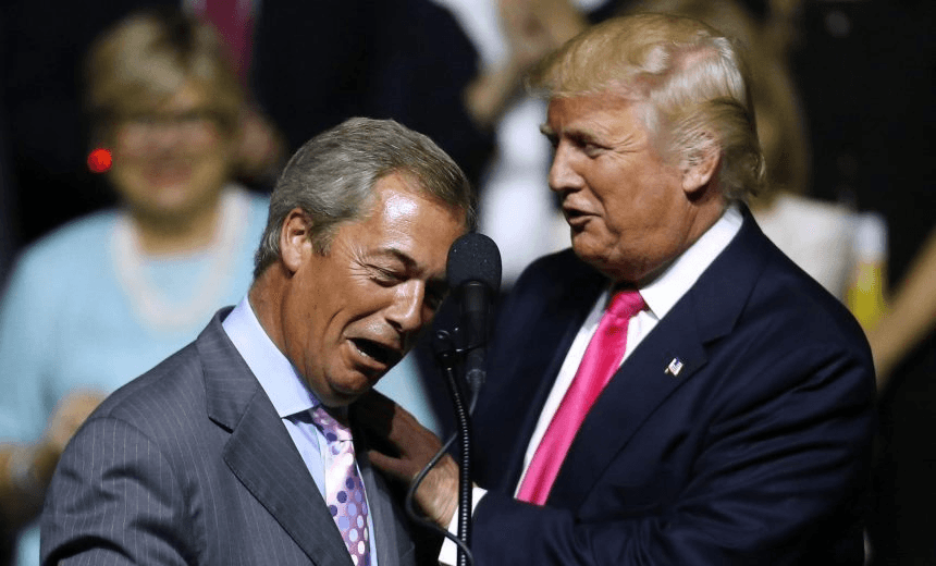 JACKSON, MS – AUGUST 24: Republican Presidential nominee Donald Trump, right, greets United Kingdom Independence Party leader Nigel Farage during a campaign rally at the Mississippi Coliseum on August 24, 2016 in Jackson, Mississippi. Thousands attended to listen to Trump’s address in the traditionally conservative state of Mississippi. (Photo by Jonathan Bachman/Getty Images) 
