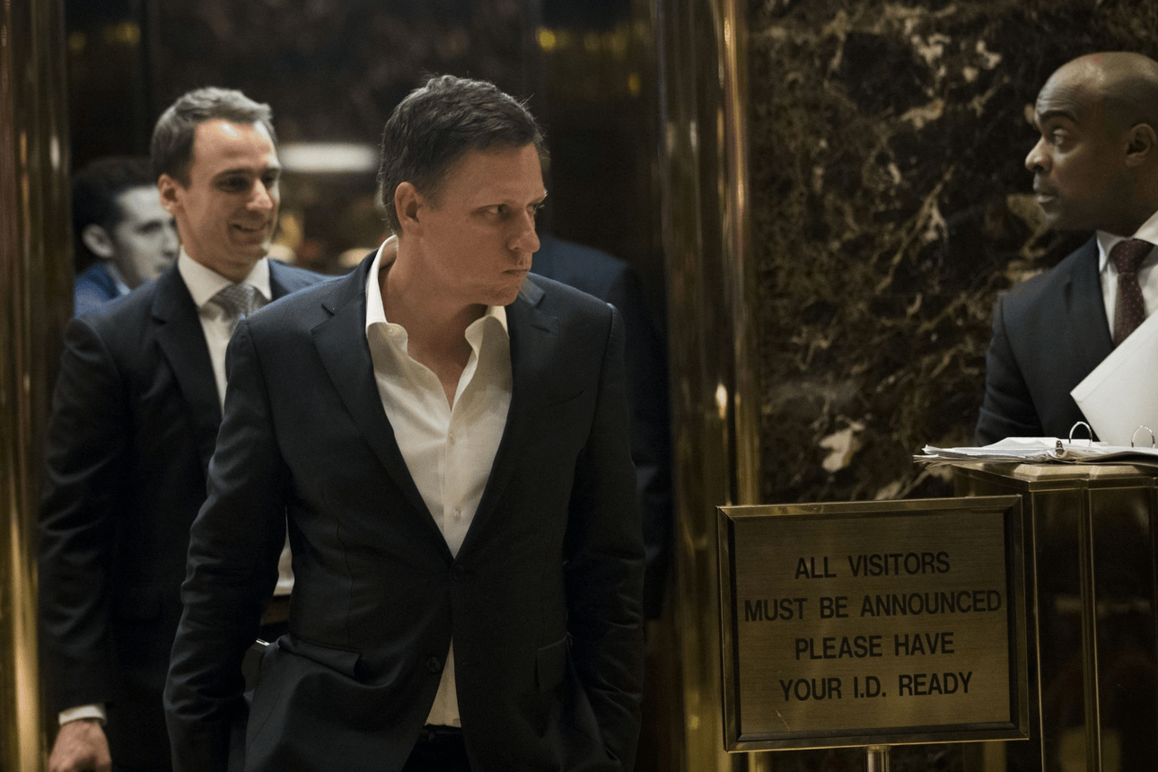 NEW YORK, NY - NOVEMBER 16: Peter Thiel, co-founder of PayPal and venture capitalist, leaves an elevator at Trump Tower, November 16, 2016 in New York City. President-elect Donald Trump and his transition team are in the process of filling cabinet positions for the new administration. (Photo by Drew Angerer/Getty Images)