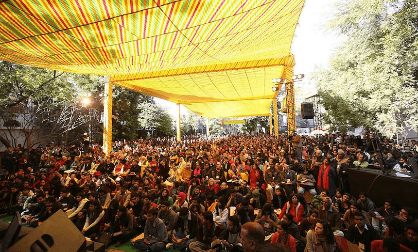 JAIPUR, INDIA – JANUARY 21: Audience at the session Gandhi, Ambedkar and the Crossroads at Jantar Mantar’ moderated by Urvashi Butalia during Jaipur Literature Festival 2012 on Saturday. (Photo by Ramesh Sharma/India Today Group/Getty Images) 
