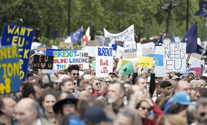 Protestors march from Park Lane to Parliament during the anti-Brexit rally in London, England on July 2, 2016. (Photo by Isabel Infantes/Anadolu Agency/Getty Images) 
