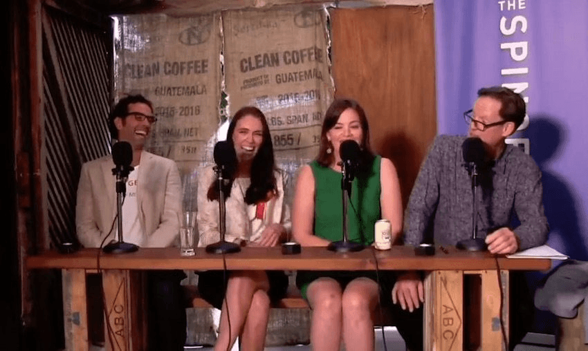 Geoff Simmons sits alongside his rivals in the 2017 Mt Albert byelection, future PM Jacinda Ardern, future women’s minister Julie Anne Genter and the Spinoff debate MC, Simon Wilson 
