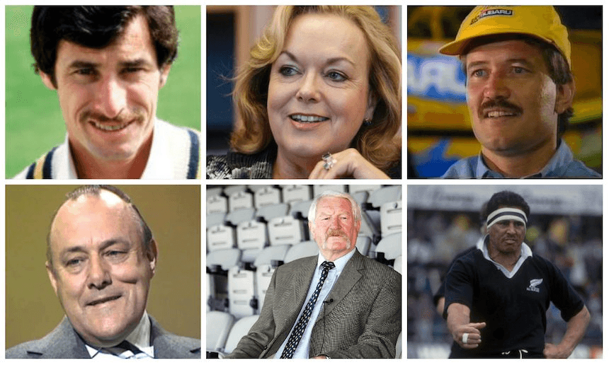 The nicknamed, clockwise from top left: Richard ‘Paddles’ Hadlee, Judith ‘Crusher’ Collins, Peter ‘Possum’ Bourne, Wayne ‘Buck’ Shelford, Alex ‘Grizz’ Wyllie and Robert ‘Piggy’ Muldoon. 
