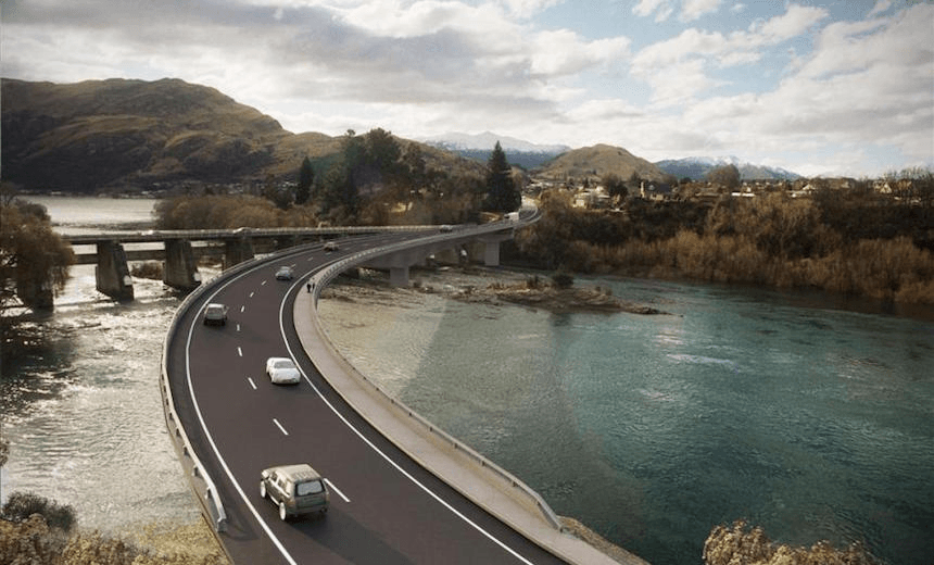 An artists’s impression of the completed Kawarau Falls Bridge ($5 million clip-on sewerage pipe not shown).  
