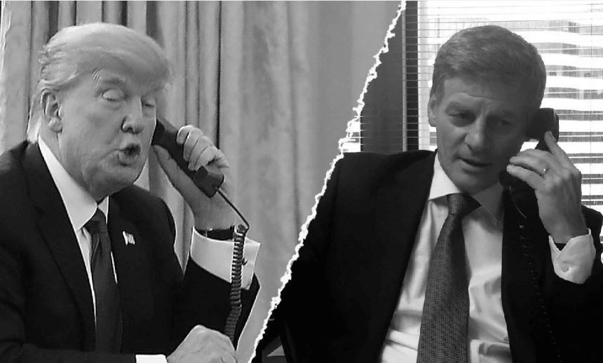 Donald Trump and Bill English in conversation with other people. Images: Getty/Twitter 
