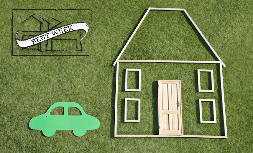 Outline of house and car in grass 
