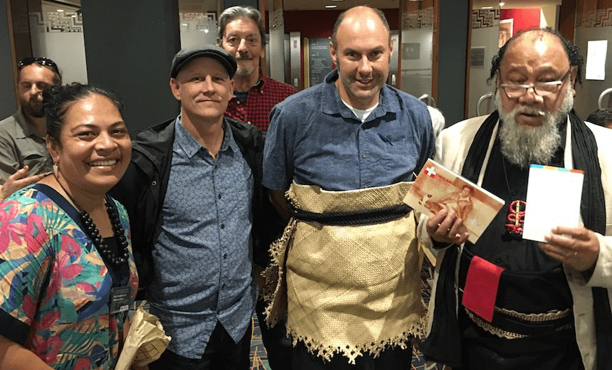 Pacific art historian and curator Kolokesa Mahina-Tuai, Paul Janman, Scott, and senior Tongan anthropologist and poet ‘Okusitino Mahina at the launch of The Stolen Island.  
