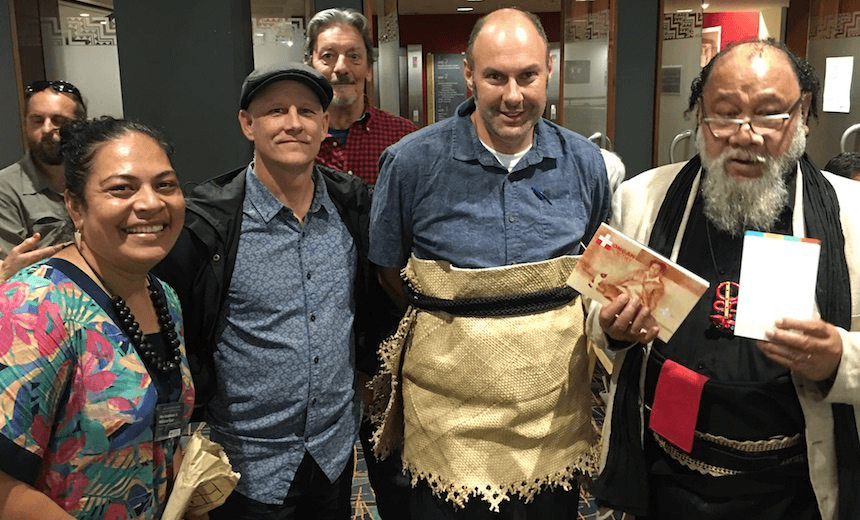 Pacific art historian and curator Kolokesa Mahina-Tuai, Paul Janman, Scott, and senior Tongan anthropologist and poet ‘Okusitino Mahina at the launch of The Stolen Island.
