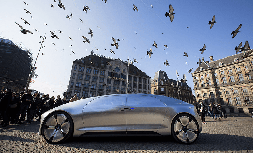 The Mercedes Benz F 015 self-driving stands on March 13, 2016 at the Dam square in Amsterdam. 
This model is presented for the first time in Europe.  / AFP / ANP / Bart Maat / Netherlands OUT        (Photo credit should read BART MAAT/AFP/Getty Images) 

