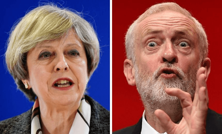 A combination of pictures created in London on April 18, 2017 shows British Prime Minister and Conservative Party leader Theresa May (L) speaking at a press conference during a European Summit at the EU headquarters in Brussels on March 9, 2017 and Britain’s main opposition Labour Party leader Jeremy Corbyn (R) speaking on the fourth day of the annual Labour Party conference in Liverpool, north west England on September 28, 2016. 
British Prime Minister Theresa May called today for an early general election on June 8 in a surprise announcement as Britain prepares for delicate negotiations on leaving the European Union. / AFP PHOTO / JOHN THYS AND Paul ELLIS        (Photo credit should read JOHN THYS,PAUL ELLIS/AFP/Getty Images) 
