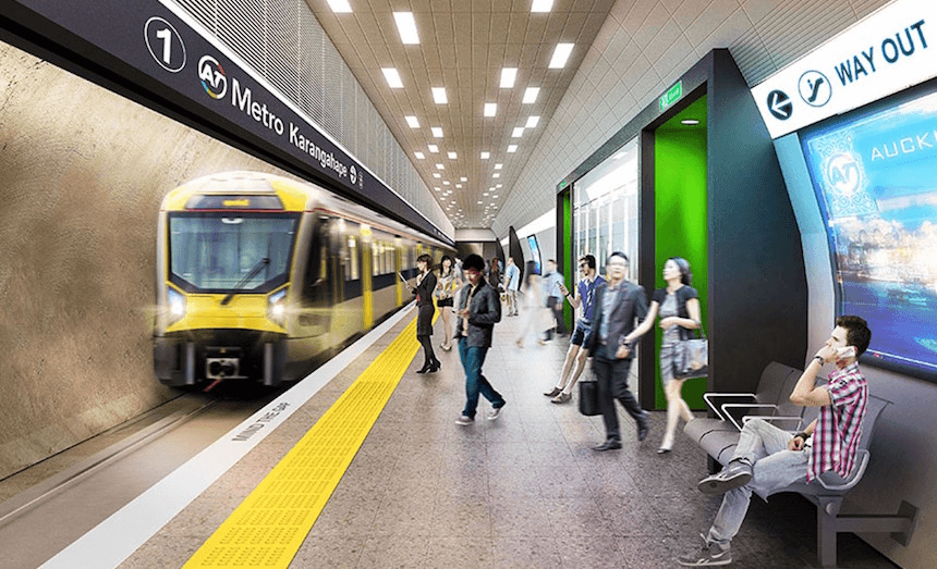 An artists impression of a future Auckland train station as part of the CRL.  
