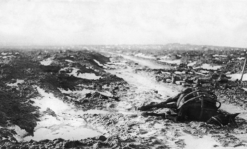 A horse lies dead in the Flanders mud of Passchendaele. Circa October 1917 (Photo by Daily Mirror/Mirrorpix/Mirrorpix via Getty Images) 
