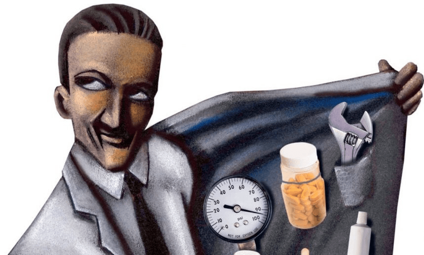 Tracy Cox color illustration of a “snake oil” salesman who opens his jacket to reveal an assortment of quack medical cures, pills, tonics, tools, etc. (Bay Area News Group/MCT via Getty Images) 
