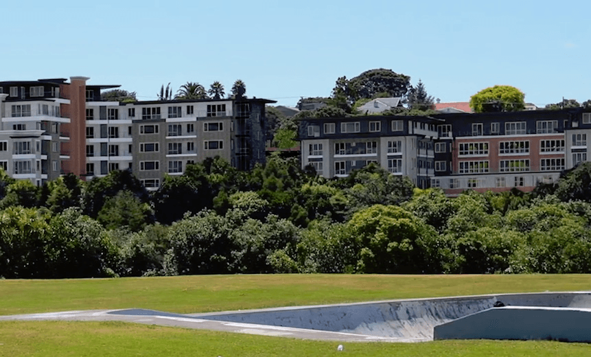 Ryman’s visual rendering of their proposed Devonport retirement village, with a park and skate ramp in the foreground. Photo: supplied 
