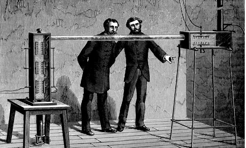 Antique engraving illustration: scientific experiment on electricity and condensation 
