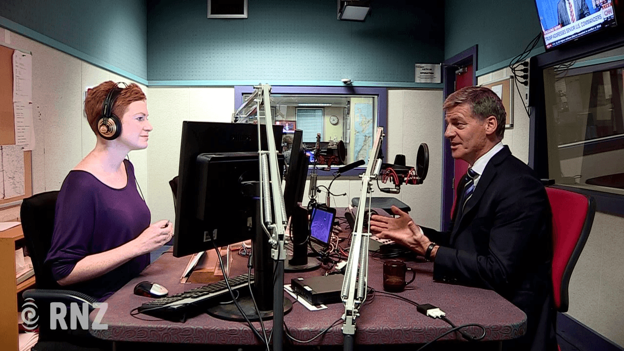Susie Ferguson interviewing prime minister Bill English. Photo: RNZ  
