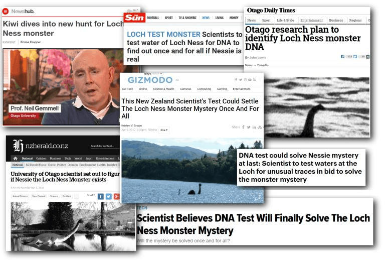 A selection of international headlines about Professor Neil Gemmell’s Loch Ness DNA project.  
