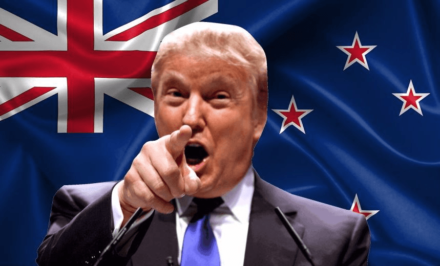 Donald Trump in front of a New Zealand flag