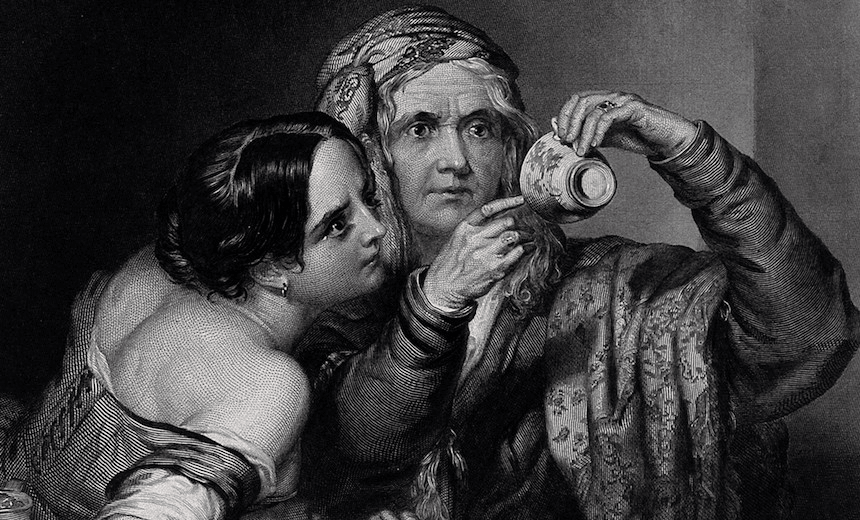 V0025926 An old fortune-teller is reading a young woman’s fortune by 
Credit: Wellcome Library, London. Wellcome Images 
images@wellcome.ac.uk 
http://wellcomeimages.org 
An old fortune-teller is reading a young woman’s fortune by looking at tea leaves at the bottom of a cup. Engraving by Sharpe after Crowley, 1842. 
1842 By: Nicholas J Crowleyafter: Charles W. SharpePublished: 1842 
 Copyrighted work available under Creative Commons Attribution only licence CC BY 4.0 http://creativecommons.org/licenses/by/4.0/ 
